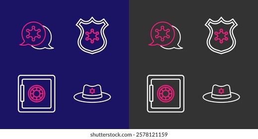 Set line Sheriff hat with badge, Safe, Police and Hexagram sheriff icon. Vector