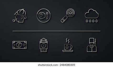 Set line Sherlock Holmes, Pound sterling money, Cloud with rain, Cup of tea tea bag, Big Ben tower, British breakfast, soldier and Magnifying glass icon. Vector