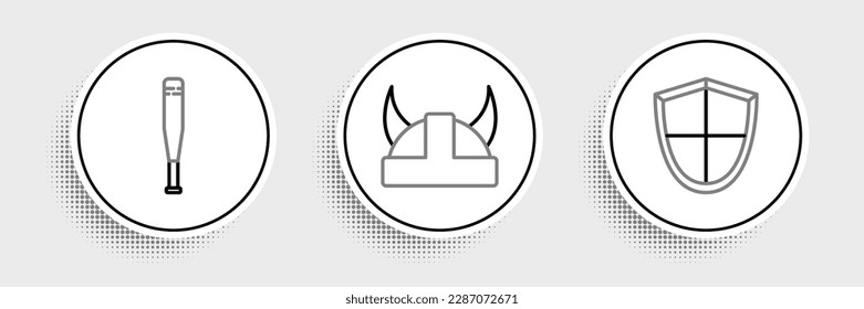 Set line Shield, Baseball bat and Viking in horned helmet icon. Vector