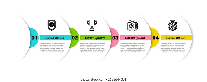 Set line Shield in the basketball ball, Award cup, Basketball match on tv and Stopwatch with. Business infographic template. Vector