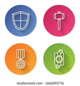 Set line Shield, Battle hammer, Military reward medal and dynamite stick and timer clock. Color circle button. Vector