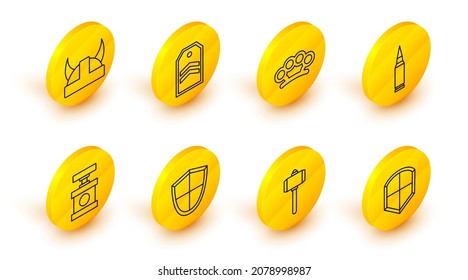 Set line Shield, Battle hammer, Handle detonator for dynamite, Bullet, Brass knuckles, Chevron and Viking in horned helmet icon. Vector
