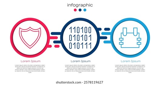 Set line Shield, Binary code and Bulletproof vest. Business infographic template. Vector