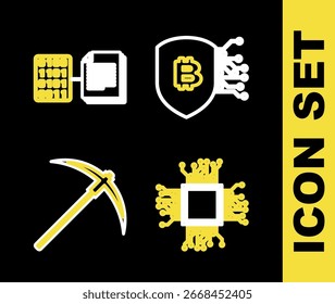 Establecer línea Escudo con bitcoin, cerebro como placa de circuito digital, Pickaxe e icono de contrato inteligente. Vector
