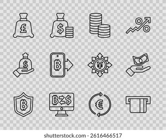 Set line Shield with bitcoin, Credit card inserted, Coin money dollar, Cryptocurrency exchange, pound, Mining from mobile, euro symbol and Hand holding icon. Vector