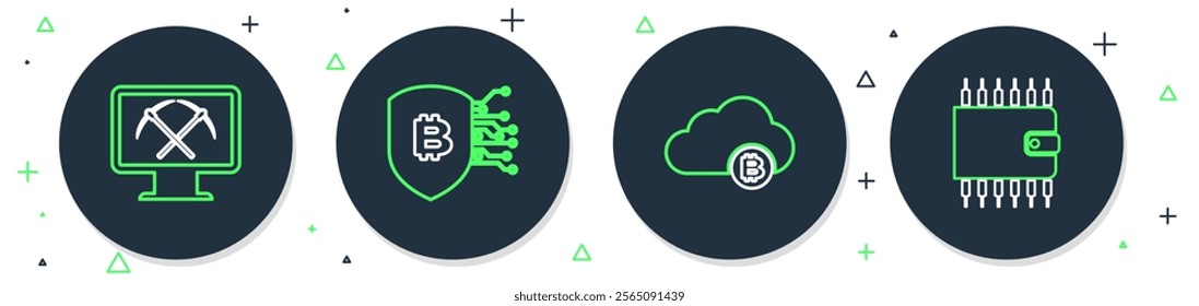 Set line Shield with bitcoin, Cryptocurrency cloud mining, Mining monitor and pickaxe and wallet icon. Vector