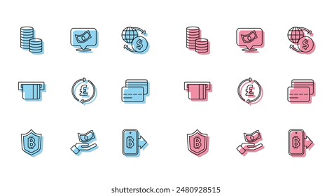 Set line Shield with bitcoin, Hand holding money, Coin dollar, Mining from mobile, pound, Credit card, inserted and Stacks paper cash icon. Vector