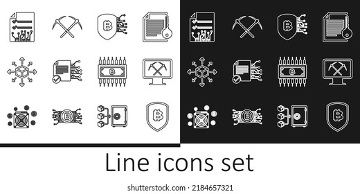 Set line Shield with bitcoin, Mining monitor and pickaxe, Smart contract, Distribution, Cryptocurrency circuit and Crossed icon. Vector