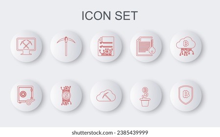 Set line Shield with bitcoin, Proof of stake, Smart contract, Bitcoin plant the pot, Mining monitor and pickaxe, Pickaxe, Cryptocurrency circuit and cloud mining icon. Vector