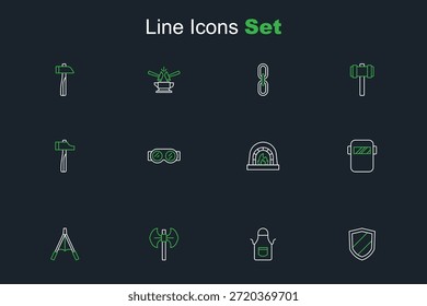 Escudo de la línea del sistema, delantal de la herrería, polea medieval, fuelles del ventilador, máscara de la soldadura, horno, vidrios e icono del martillo. Vector