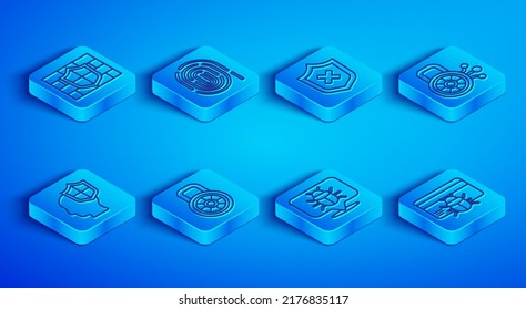 Set line Shield with brick wall, Fingerprint, cross mark, Safe combination lock, System bug, Cyber security, Head shield and credit card icon. Vector