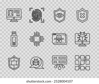 Set line Shield with brick wall, Graphic password protection, and eye, System bug, Create account screen, Processor microcircuits CPU, Server, Data, Web Hosting and monitor icon. Vector