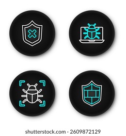 Set line Shield with brick wall, System bug, on monitor and cross mark icon. Vector