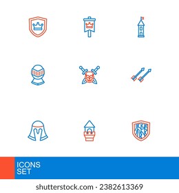 Ajuste el Escudo de línea, la torre del castillo, el casco medieval, las flechas, el cráneo con espada y el icono de la bandera. Vector