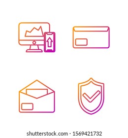 Set line Shield with check mark, Envelope, Financial chart or graph on the computer monitor and mobile phone and Envelope. Gradient color icons. Vector