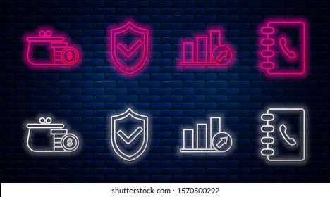 Set line Shield with check mark, Presentation financial with graph, schedule, chart, diagram, infographic, pie graph, Wallet with coins and Address book. Glowing neon icon on brick wall. Vector