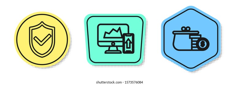 Set line Shield with check mark, Financial chart or graph on the computer monitor and mobile phone and Wallet with coins. Colored shapes. Vector