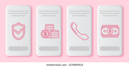 Set line Shield with check mark, Cryptocurrency coin Bitcoin, Telephone handset and Stacks paper money cash. White rectangle button. Vector