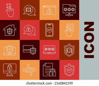 Set line Shield with check mark, System bug, Password protection, Browser exclamation, Exclamation in triangle, House under, Fingerprint and Smartphone icon. Vector