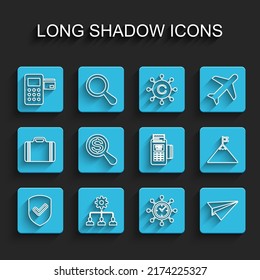 Set line Shield with check mark, Lead management, Pos terminal, Clock and gear, Paper plane, Magnifying glass dollar, Mountains flag and POS icon. Vector