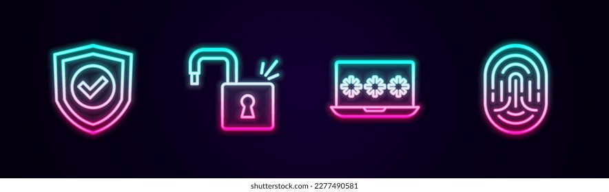 Set line Shield with check mark, Open padlock, Laptop password and Fingerprint. Glowing neon icon. Vector