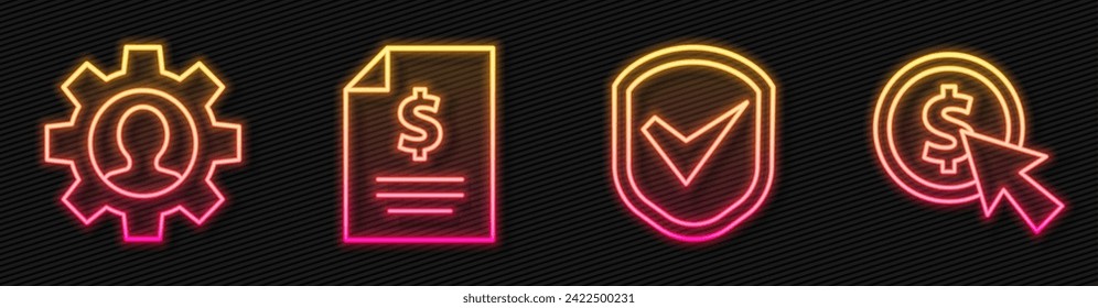 Establecer el Escudo de línea con marca de verificación, Humano con equipo dentro, Dinero del contrato y Cursor y moneda. Icono de neón brillante. Vector