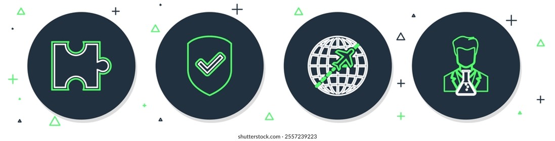 Set line Shield with check mark, Globe flying plane, Piece of puzzle and Scientist and test tube icon. Vector