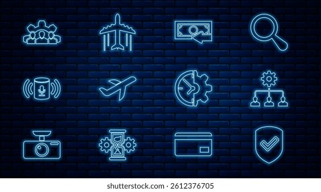 Set line Shield with check mark, Lead management, Cash back, Plane, Voice assistant, Project team base, Clock and gear and  icon. Vector