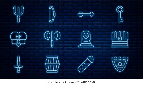 Set line Shield, Chest, Arrow, Medieval poleaxe, Video game bar, Neptune Trident, Grave with tombstone and bow icon. Vector