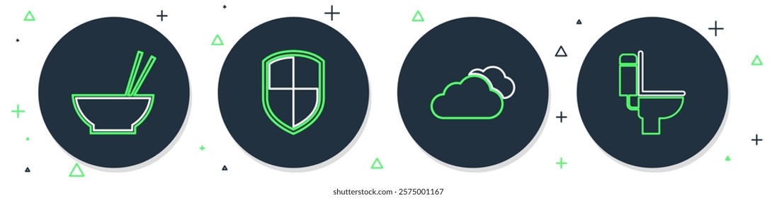 Set line Shield, Cloud, Bowl with chopsticks and Toilet bowl icon. Vector