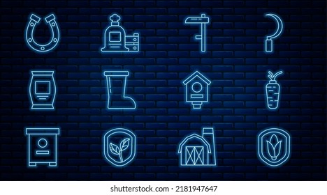 Set line Shield corn, Carrot, Scythe, Waterproof rubber boot, Fertilizer bag, Horseshoe, Bird house and Full sack and wooden box icon. Vector