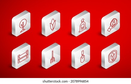 Set line Shield corn, Corn, Full sack, Farm house in hand, Garden trowel spade shovel, Tree, pitchfork and Wooden box icon. Vector