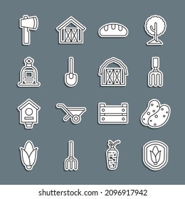 Set line Shield corn, Potato, Garden rake, Bread loaf, Shovel, Full sack, Wooden axe and Farm house icon. Vector
