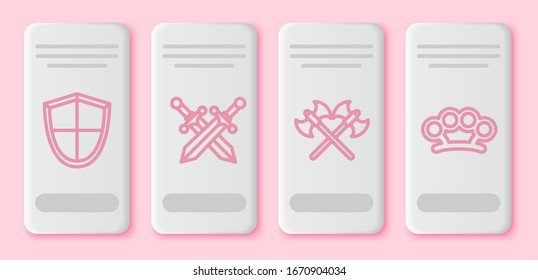 Colocar la línea Escudo, espada medieval cruzada, hachas medievales cruzadas y nudillos de bronce. Botón rectángulo blanco. Vector