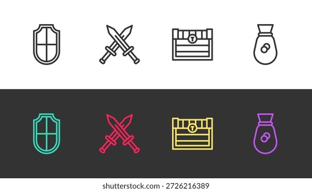 Escudo de línea de conjunto, espada medieval cruzada, cofre del tesoro antiguo y bolso de dinero viejo en blanco y negro. Vector