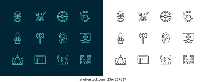 Colocar el escudo con la corona, el cofre del tesoro antiguo, el casco medieval, Viking en cuernos, polaxe, escudo redondo e icono de la espada del cráneo. Vector