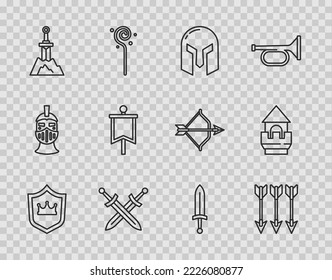 Fijar el Escudo de línea con corona, flechas cruzadas, casco de hierro medieval, espada medieval, espada en la piedra, bandera e icono de la torre del castillo. Vector