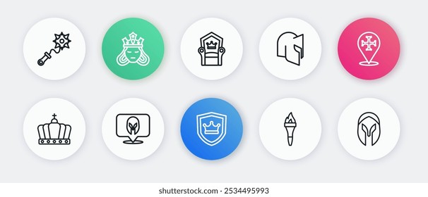 Definir linha Escudo com coroa, Cruzada, Rei, Chama da tocha, capacete medieval, trono e ícone. Vetor