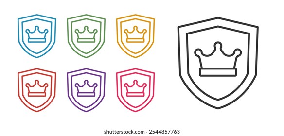 Set line Shield with crown icon isolated on white background. Set icons colorful. Vector