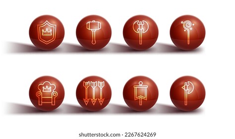 Set line Shield with crown, Medieval throne, Magic staff, flag, Crossed arrows, Hammer, axe and  icon. Vector