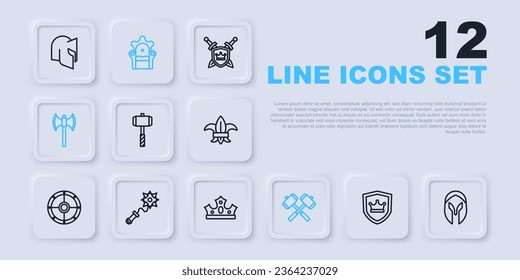 Fijar la línea Escudo con corona, casco medieval, martillo de batalla, martillos de batalla cruzados, polaxe, picos de Mace, trono e icono de King. Vector