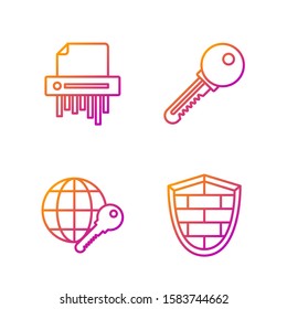 Set line Shield with cyber security brick wall , Globe key , Paper shredder confidential and Key . Gradient color icons. Vector