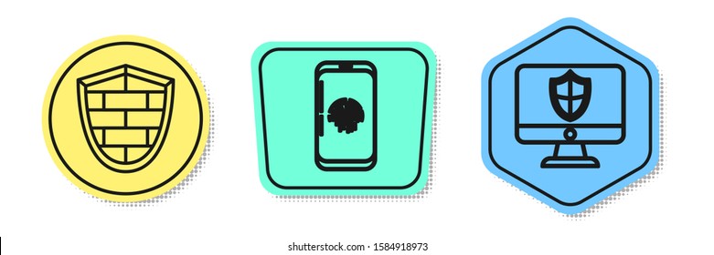 Set line Shield with cyber security brick wall , Smartphone with fingerprint scanner  and Computer monitor and shield . Colored shapes. Vector