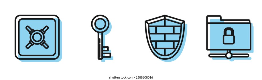 Set line Shield with cyber security brick wall , Safe , Key  and FTP folder and lock  icon. Vector