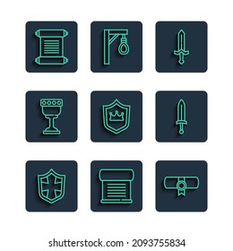 Set line Shield, Decree, parchment, scroll, Medieval sword, with crown, goblet,  and  icon. Vector