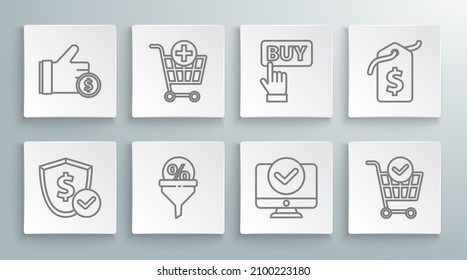 Set line Shield with dollar, Add to Shopping cart, Lead management, Computer monitor, check mark, Buy button, Price tag and Hand holding coin icon. Vector