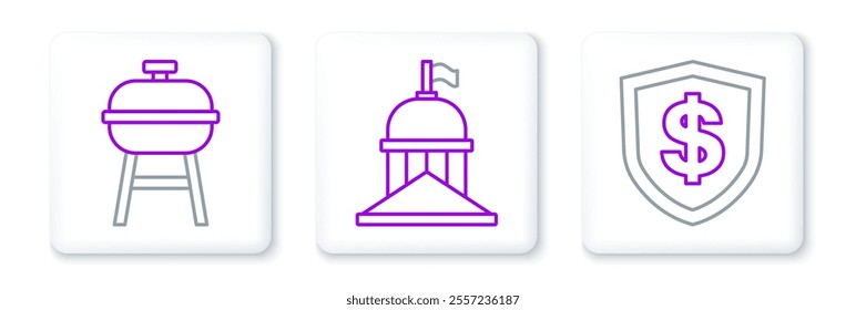 Set line Shield with dollar, Barbecue grill and White House icon. Vector