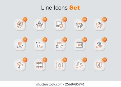 Set line Shield with dollar, Car insurance, Fire flame, Lifebuoy, Umbrella, House hand, Safe and Hand holding briefcase icon. Vector