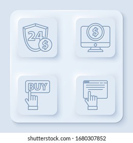 Set line Shield with dollar, Computer monitor with dollar, Buy button and Online shopping on screen. White square button. Vector