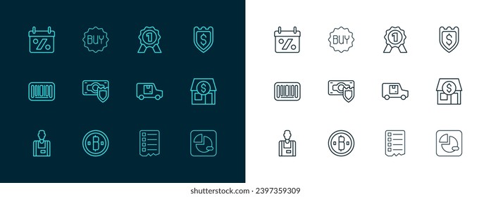 Set line Shield with dollar, Cryptocurrency coin Bitcoin, Delivery cargo truck, Shopping list, Money shield, Medal, Discount percent tag and Buy button icon. Vector